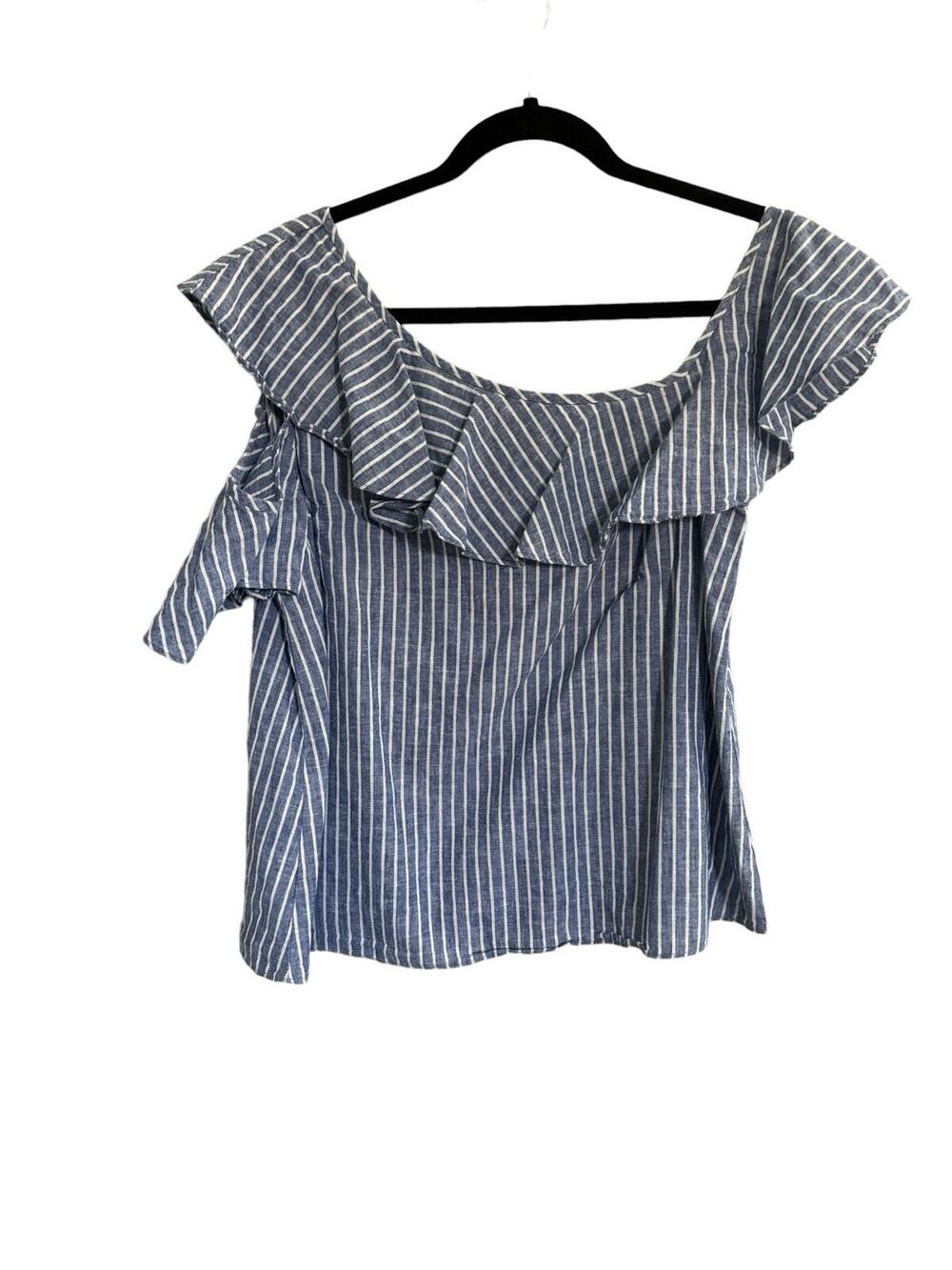 Madewell Linen Blend Ruffle Top In Stripe Blue White Size 10 one shoulder #7375